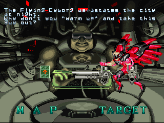 Operation Gunbuster (Arcade) screenshot: The middle man "Sourcer" with the lowdown on the next stage