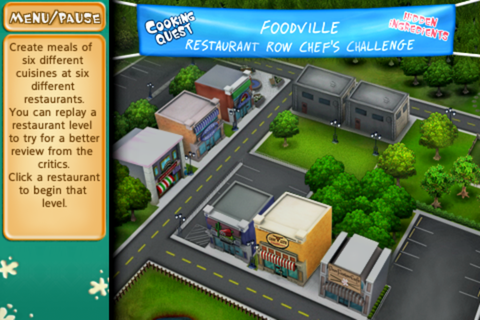 Cooking Quest (iPhone) screenshot: Restaurants of Foodville