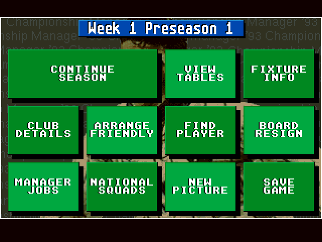 Championship Manager 93 (Amiga) screenshot: Game Menu
