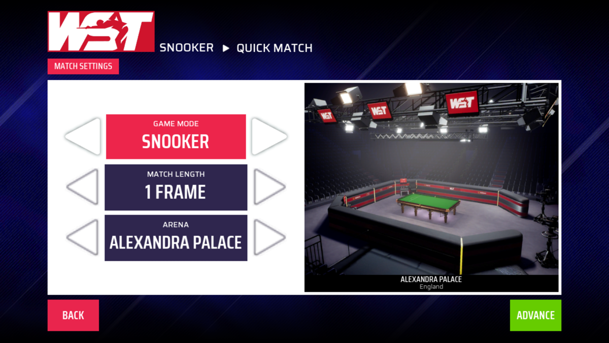 WST Snooker (Android) screenshot: Match settings