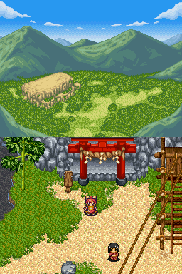 Izuna: Legend of the Unemployed Ninja (Nintendo DS) screenshot: Izuna in front of a temple
