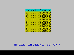 Crawler (ZX Spectrum) screenshot: Each skill level has its own high score.