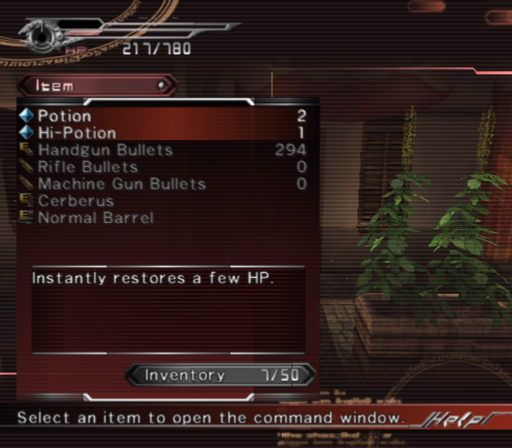 Dirge of Cerberus: Final Fantasy VII (PlayStation 2) screenshot: Use those potions sparingly or bad things will happen.