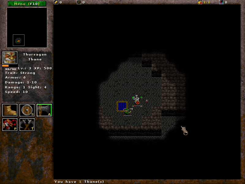 Wyrmsun (Windows) screenshot: A random dungeon scenario. There's a health potion next to the hero which can be used to recover hit points.