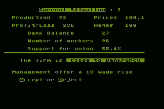 Shop Steward (Atari 8-bit) screenshot: Accept a 1% Pay Raise?