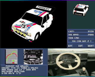 Rally Championships (Amiga) screenshot: Car selection (AGA version)