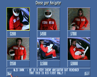 Rally Championships (Amiga) screenshot: Co-driver selection (AGA version)