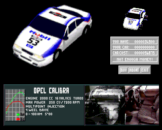 Rally Championships (Amiga) screenshot: Car selection (ECS version)