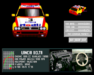 Rally Championships (Amiga) screenshot: Car selection (ECS version)
