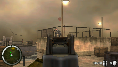Medal of Honor: Heroes 2 (PSP) screenshot: And he's stuck because he's crouching under the railing and can't stand up. Advanced AI with lifelike situations!