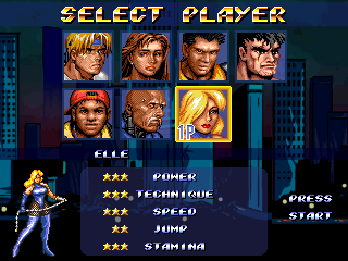 Streets of Rage Remake (Windows) screenshot: Character selection screen, with Elle unlocked as a secret character (2011 version)