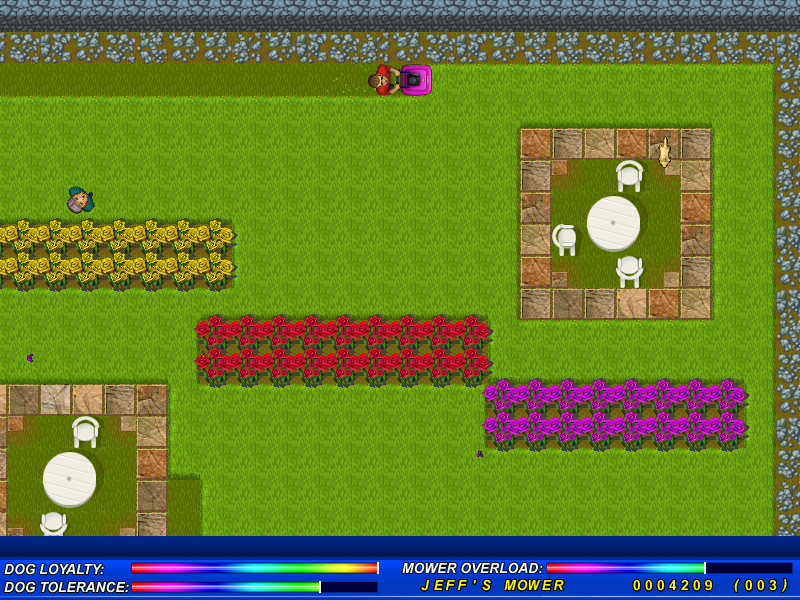 Hover Bovver (Windows) screenshot: Level 3 in progress. The small yellow sprite in the top right is my dog.