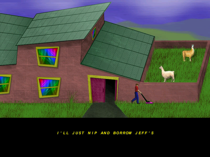 Hover Bovver (Windows) screenshot: I have a sneaking suspicion that 'Jeff' I'm borrowing a lawnmower from also happens to be the founder of Llamasoft.