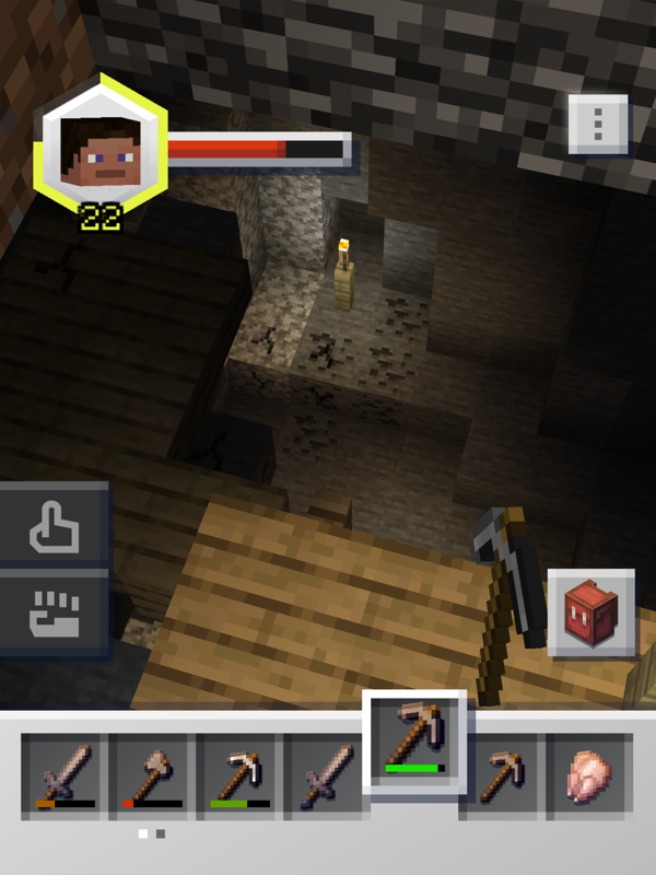 Minecraft Earth (iPad) screenshot: Mining some coal ore during an adventure.