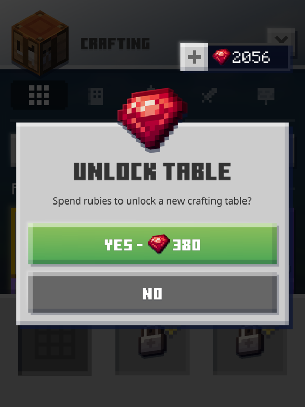 Minecraft Earth (iPad) screenshot: You can unlock two additional crafting tables with rubies.