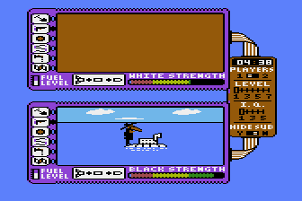Spy vs. Spy: The Island Caper (Atari 8-bit) screenshot: The black spy is victorious and escapes in a submarine.