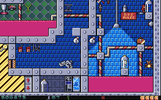 Secret Agent HD (Windows) screenshot: Very colourful level. The glass case in bottom centre used to contain the pickaxe, but it looks even better when broken. ;)