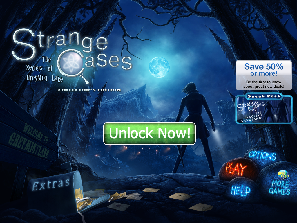 Strange Cases: The Secrets of Grey Mist Lake (Collector's Edition) (iPad) screenshot: Title and main menu
