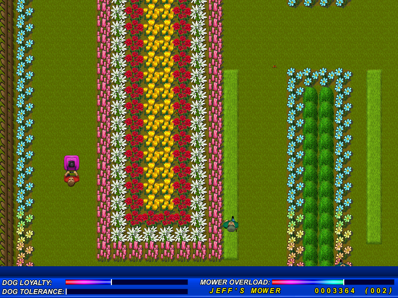 Hover Bovver (Windows) screenshot: Good progress on level 2, although the gardener too is also after me now.
