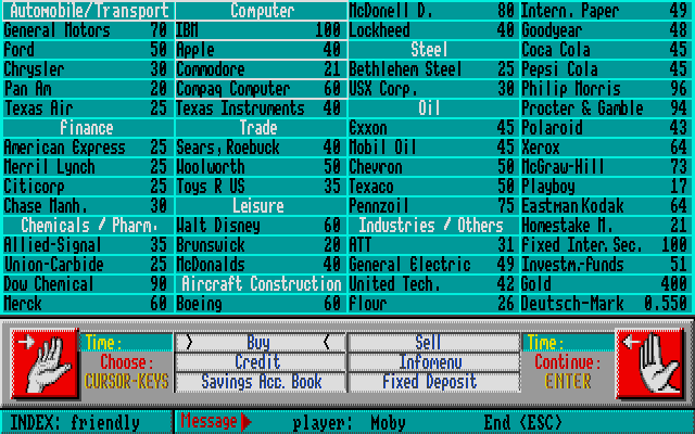 Wall$treet (Amiga) screenshot: Buy and sell stocks.