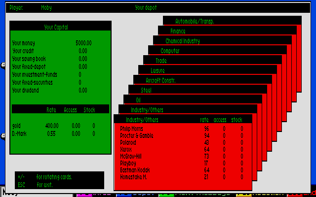 Wall$treet (Amiga) screenshot: The depot screen lets you review stocks.