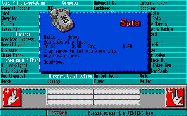Wall$treet (Amiga) screenshot: A stock sale, but at a loss!
