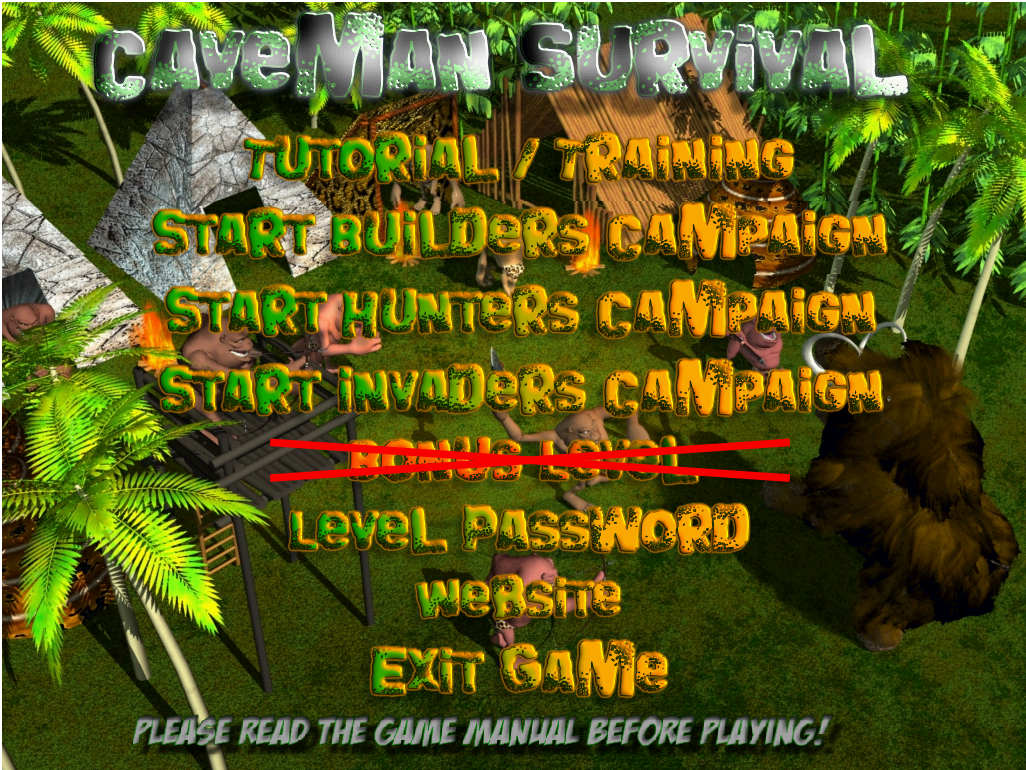 Caveman Survival (Windows) screenshot: Menu title screen.