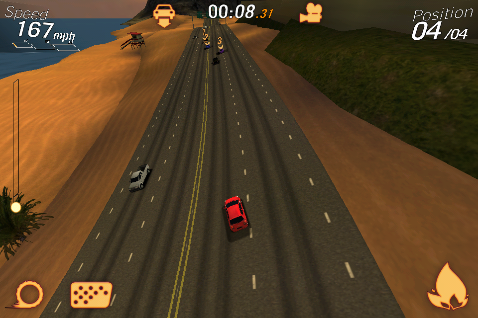 Crazy Cars: Hit the Road (iPhone) screenshot: Top-down view in the miniature mode