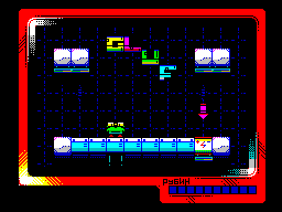 Gluf (ZX Spectrum) screenshot: Start of the game. Hop over to the battery on the right side to charge up your meter and then hop back to charge the panels.