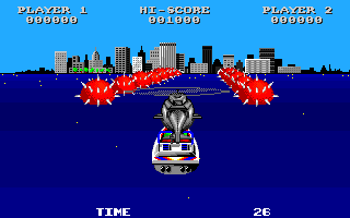 Speedboat Assassins (Amiga) screenshot: A helicopter drops you off into a maze of mines.