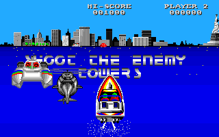 Speedboat Assassins (Amiga) screenshot: Dock with the helicopter to get a weapon and then take out the enemy towers.