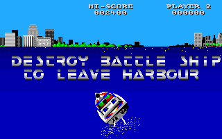 Speedboat Assassins (Amiga) screenshot: Destroy the battleship to leave the harbour.