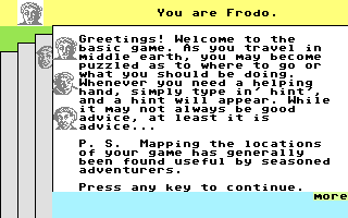 The Fellowship of the Ring (Commodore 64) screenshot: The Basic Game: This is a simplified version for novices, that has built-in hints. (Melbourne House Tape release)