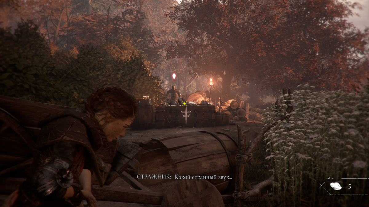 A Plague Tale: Innocence (Windows) screenshot: Amicia can throw rocks at crates with metal parts to distract the guards