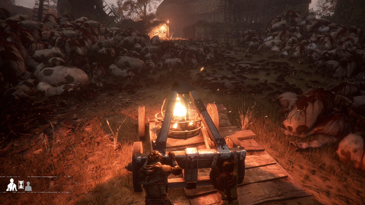 A Plague Tale: Innocence (Windows) screenshot: Pulling the cart with a lit torch to get through the rat pack