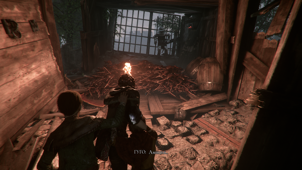 A Plague Tale: Innocence (Windows) screenshot: Going forward the kids will unintentionally force the rats to kill the guard, there's no other way