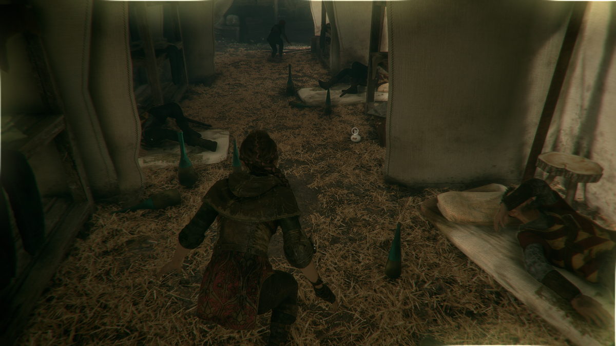 A Plague Tale: Innocence (Windows) screenshot: Army camp and these soldiers are drunk. Careful with the bottles.