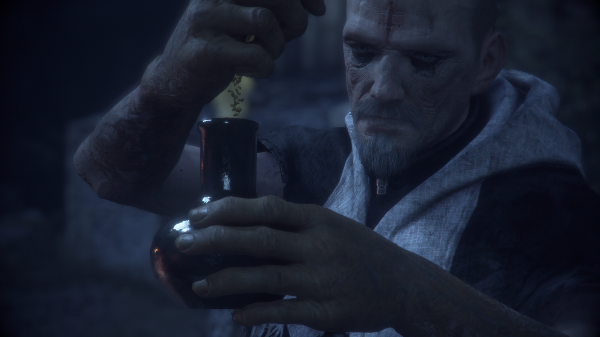 A Plague Tale: Innocence (Windows) screenshot: One of the alchemists collecting the precious Episanguis resource for the Grand Inquisitor