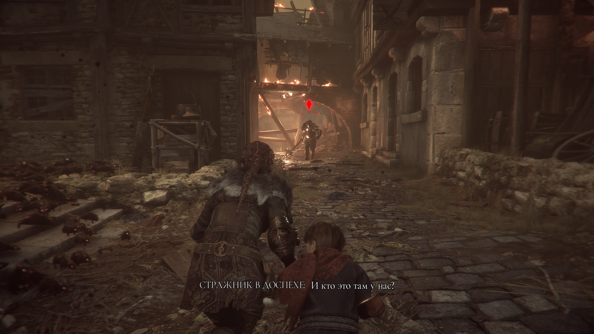 A Plague Tale: Innocence (Windows) screenshot: The red sign above the guard's head means he sees the protagonists