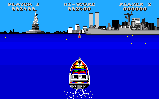 Speedboat Assassins (Amiga) screenshot: Firing on the battleship.