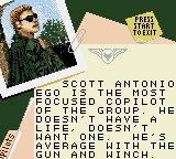 Jungle Strike (Game Gear) screenshot: One of the co-pilots. He doesn't have a life, doesn't want one.