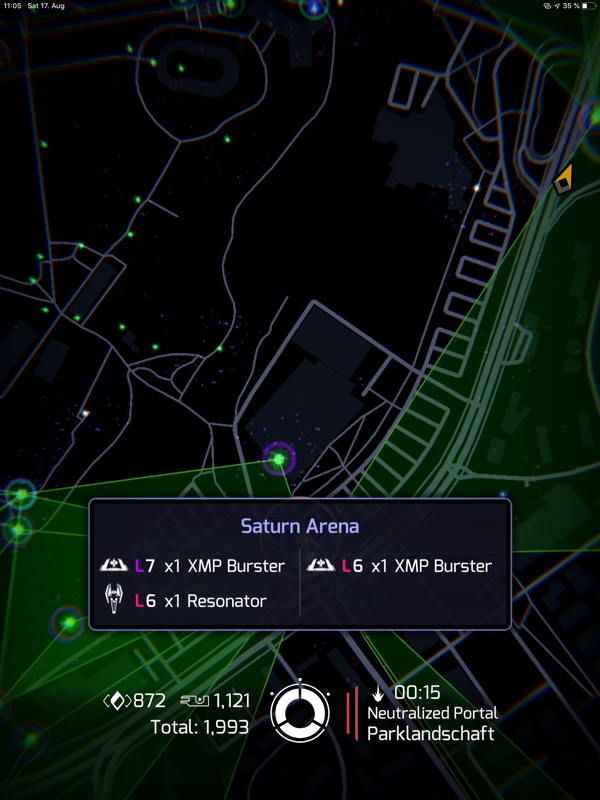 Ingress Prime (iPad) screenshot: To hack a portal, you must stand within 40 meters of it and also spend 50 XM per portal level.