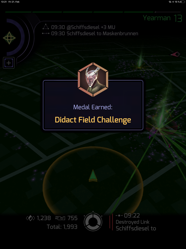 Ingress Prime (iPad) screenshot: Just earned the bronze Didact Field Challenge medal.