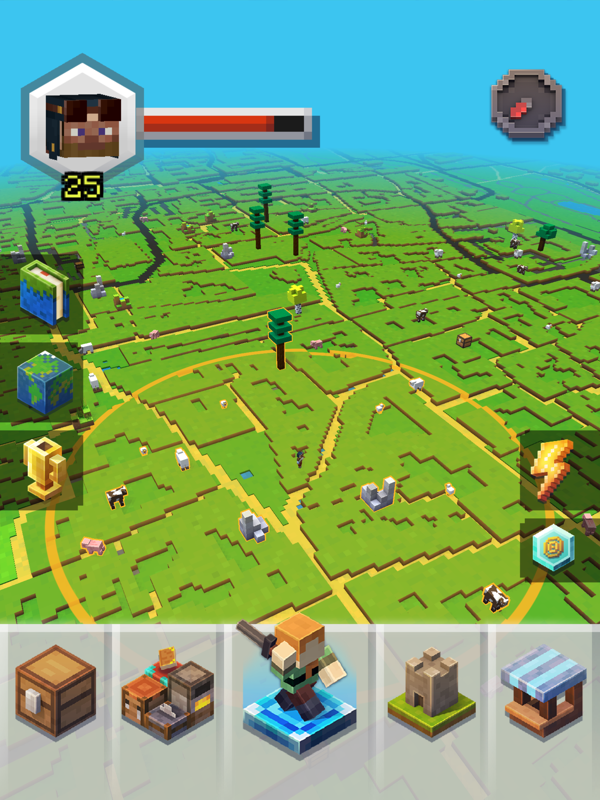 Minecraft Earth (iPad) screenshot: The radius boost increases the interaction radius on the map.