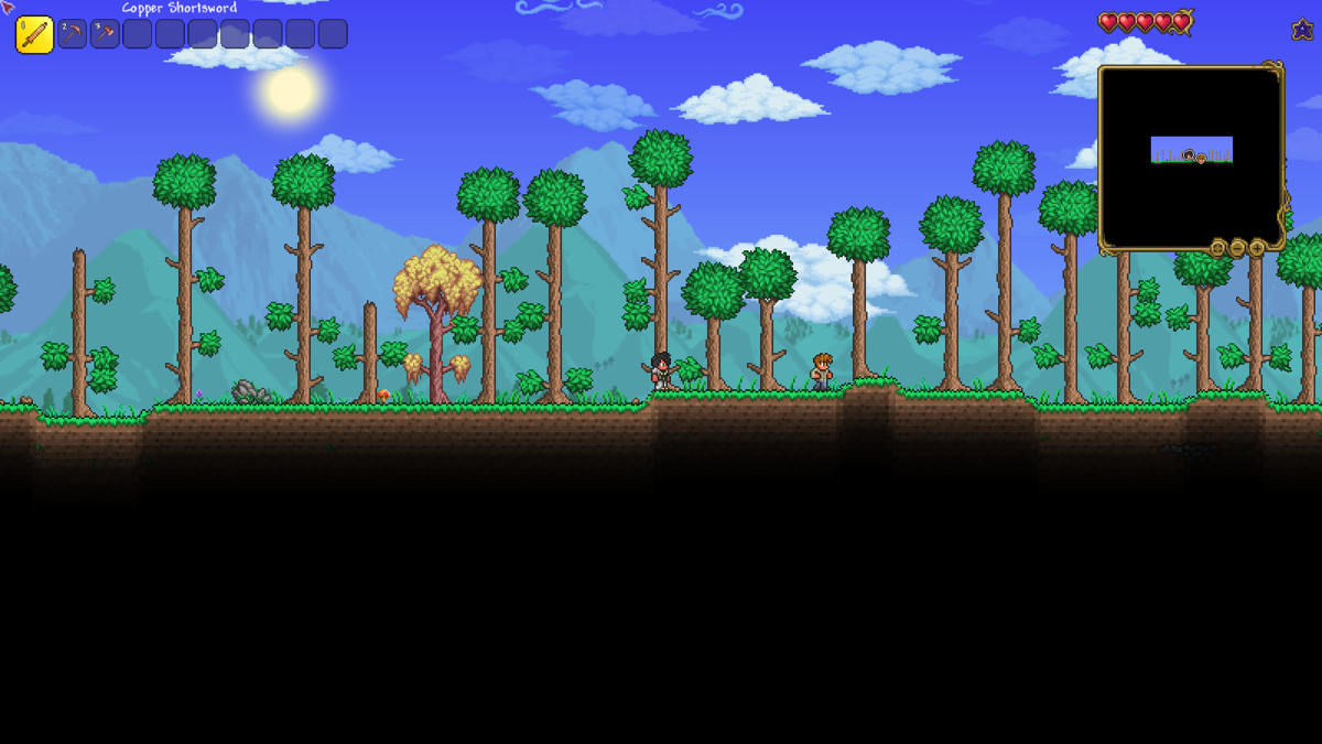 Terraria (Windows) screenshot: In the beginning you'll spawn in forest with NPC (v1.4.1.2)