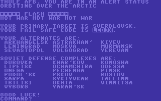 B-1 Nuclear Bomber (Commodore 64) screenshot: The mission briefing with your primary target and fail safe code.