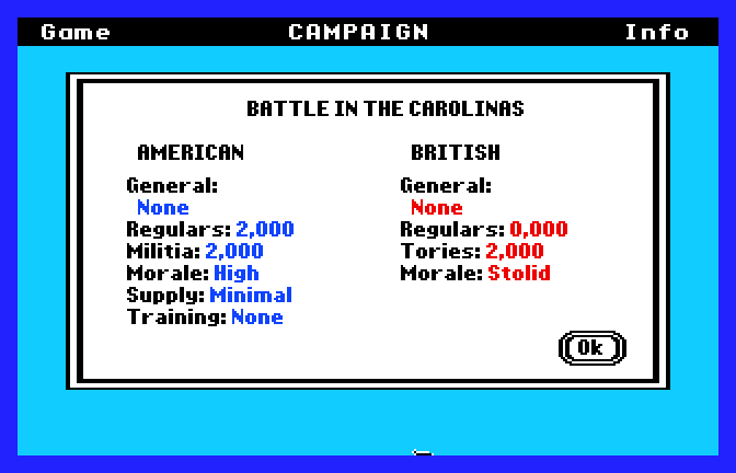 Revolution '76 (Apple IIgs) screenshot: Battle in the Carolinas Commences