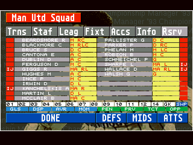 Championship Manager 93 (Amiga) screenshot: Squad