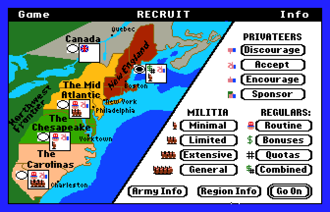 Revolution '76 (Apple IIgs) screenshot: Setting Conscription and Privateers