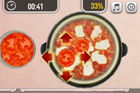 Pocket Chef (iPhone) screenshot: Putting tomato slices on a pizza